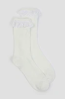 Ardene Lace Trim Crew Socks in White | Polyester/Spandex