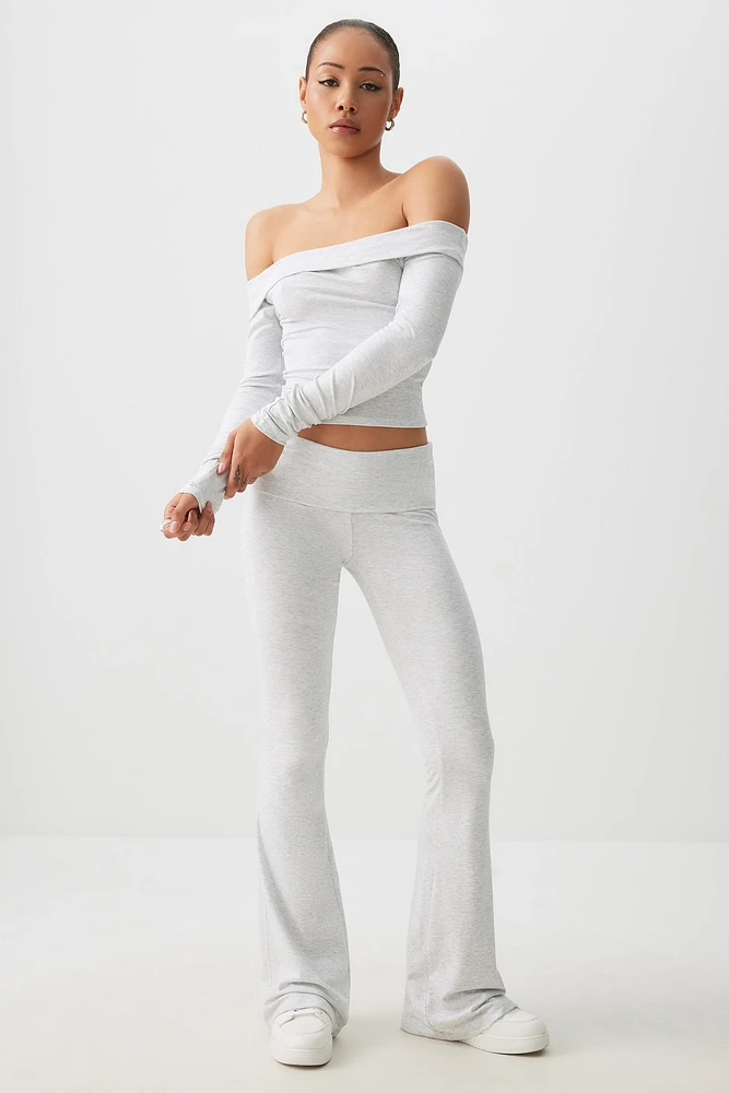 Ardene Mid Rise Foldover Flare Leggings in Light Grey | Size | Elastane/Viscose