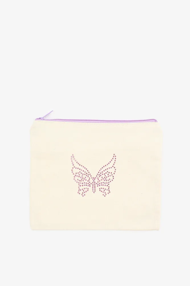 Ardene Rhinstone Butterfly Makeup Bag in Beige