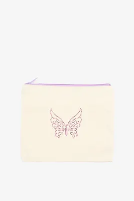 Ardene Rhinstone Butterfly Makeup Bag in Beige