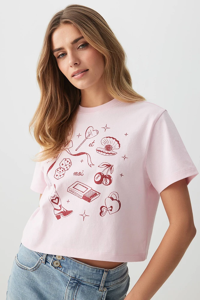 Ardene Graphic Crop T-Shirt in Light Pink | Size | 100% Cotton