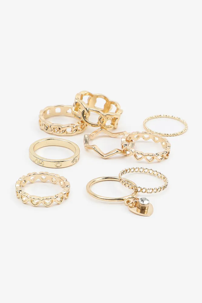 Ardene 9-Pack of Heart Gold Rings | Size