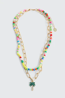 Ardene Two-Row Bead & Chain Palm Tree Necklace in Gold