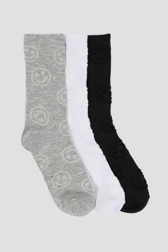 Ardene 3-Pack Smiley Face Crew Socks in | Polyester/Spandex