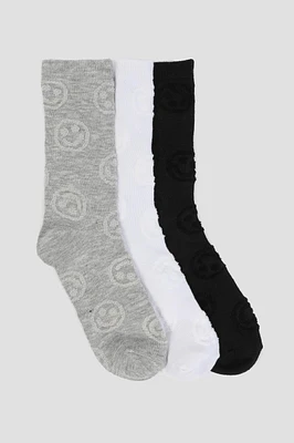 Ardene 3-Pack Smiley Face Crew Socks in Grey | Polyester/Spandex