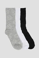 Ardene 3-Pack Smiley Face Crew Socks in Grey | Polyester/Spandex