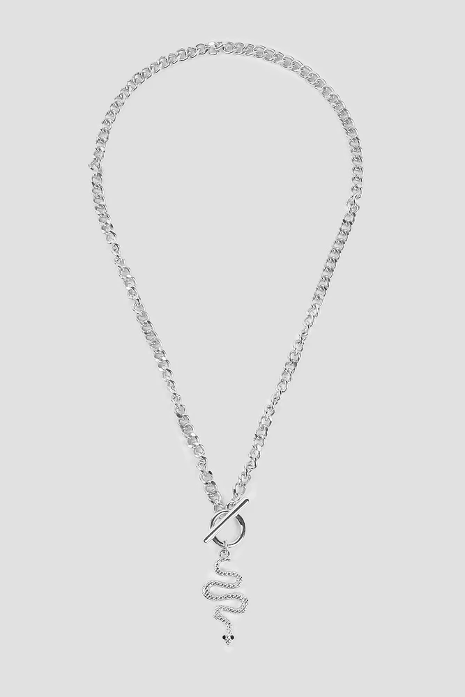 Ardene Toggle & Snake Curb Chain Necklace in Silver