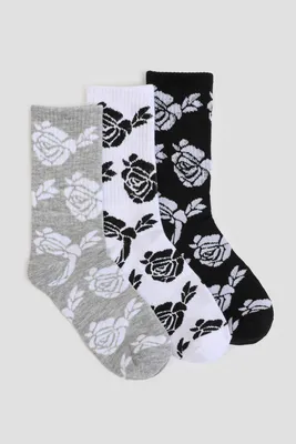 Ardene 3-Pack Rose Crew Socks in Light Grey | Polyester/Spandex
