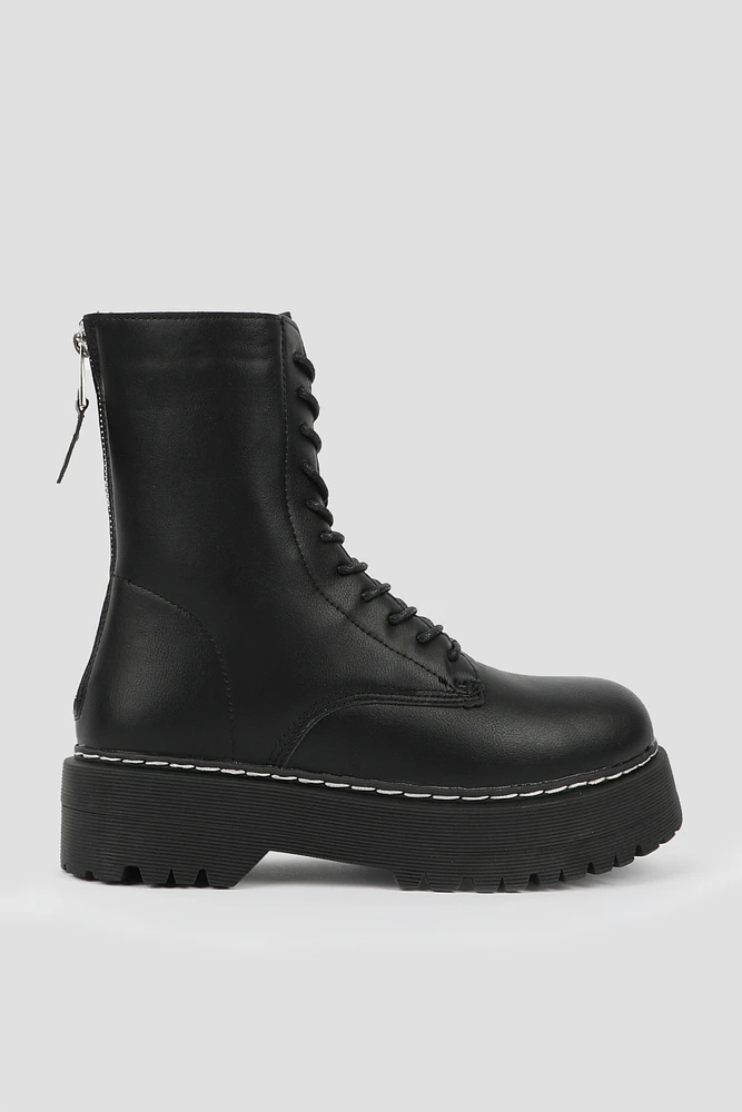 Ardene Chunky Sole Combat Boots in Black | Size | Faux Leather/Polyester | Eco-Conscious