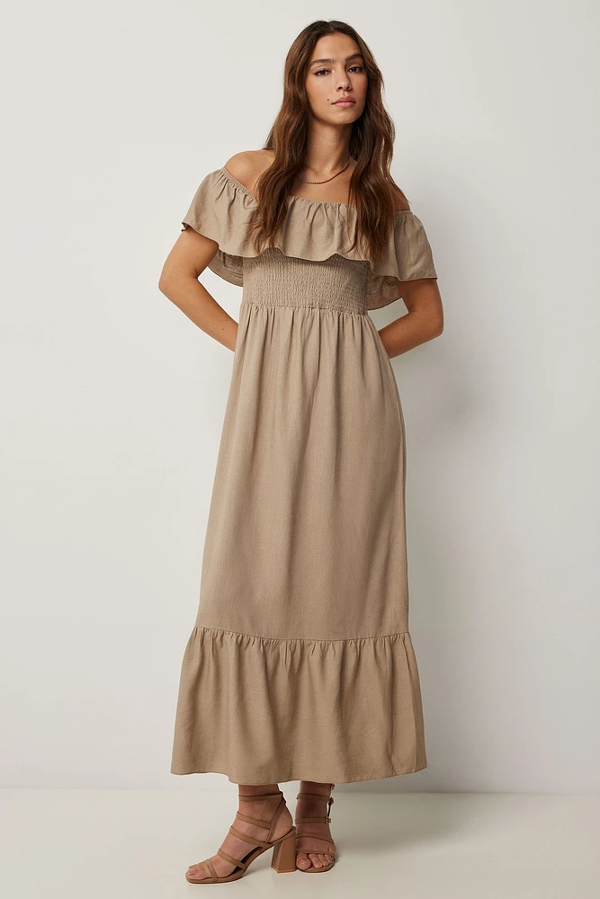 Ardene Linen Blend Off Shoulder Maxi Dress in Beige | Size | Viscose