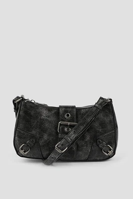 Ardene Distressed Crossbody Bag with Buckle in Black | Faux Leather/Polyester