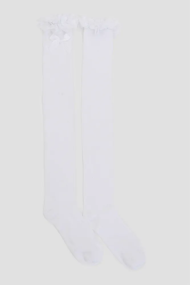 Ardene Ruffle Over-the-Knee Socks in White | Polyester/Spandex