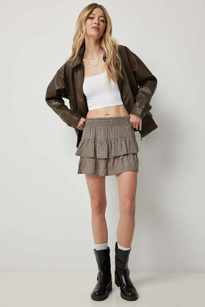 Ardene Plaid Micro Tiered Skirt in Brown | Size | 100% Viscose