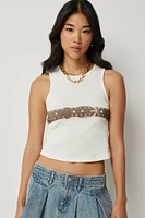 Ardene Printed Pointelle Tank Top in White | Size | 100% Cotton