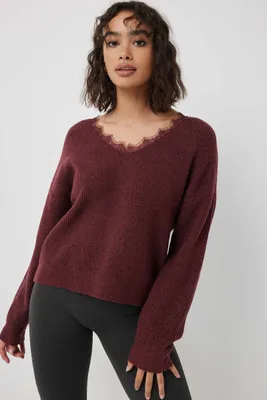 Ardene Lace Trim V-Neck Sweater in Burgundy | Size | Polyester/Spandex