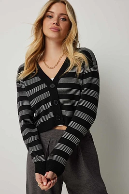 Ardene Crop Cardigan with Jacquard Pattern in Black | Size | Polyester/Nylon/Viscose