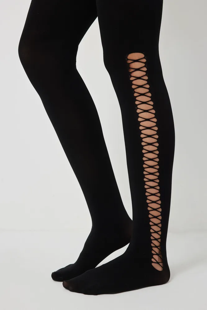 Ardene Lace Up Tights in Black, Size, Polyester/Spandex