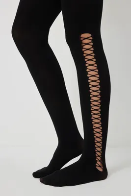 Ardene Lace Up Tights in Black | Size Small | Polyester/Spandex