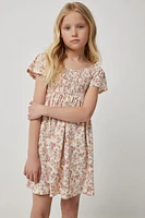 Ardene Kids Floral Smocked Dress in Orange | Size | Polyester/Elastane