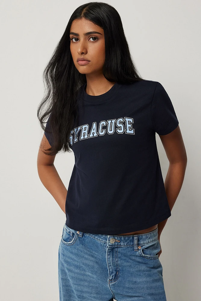 Ardene Crop Graphic T-Shirt in Dark Blue | Size | 100% Cotton