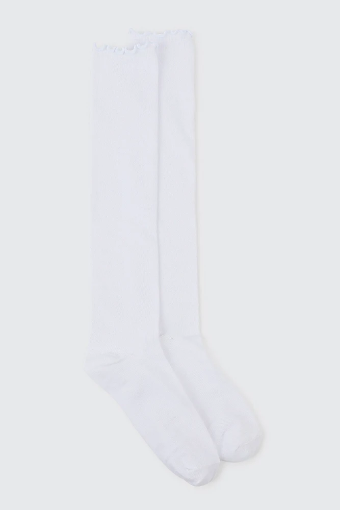 Ardene Ruffle Edge Knee High Socks in White | Polyester/Spandex