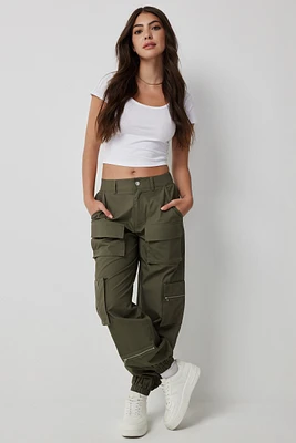 Ardene Cargo Pants with Zip Pockets in Khaki | Size | 100% Cotton