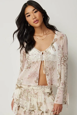 Ardene Floral Tie Front Sheer Cardigan in Beige | Size | Polyester