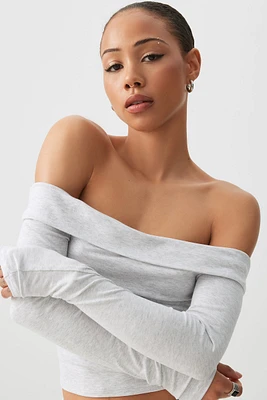 Ardene Crop Off Shoulder Long Sleeve Top in Light Grey | Size | Elastane/Viscose