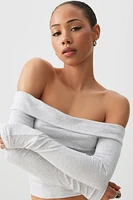 Ardene Crop Off Shoulder Long Sleeve Top in Light Grey | Size | Elastane/Viscose