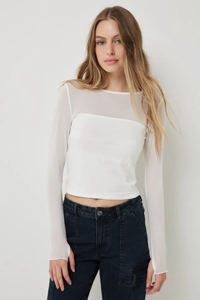 Ardene Dual-Material Crop Top in White | Size | Polyester/Cotton/Elastane