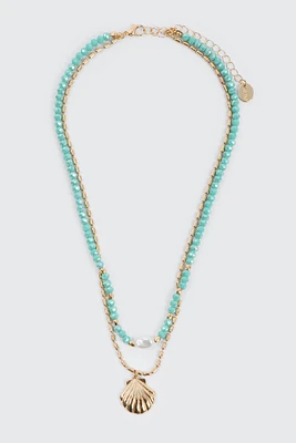 Ardene Tow-Row Seashell Necklace in Medium Green