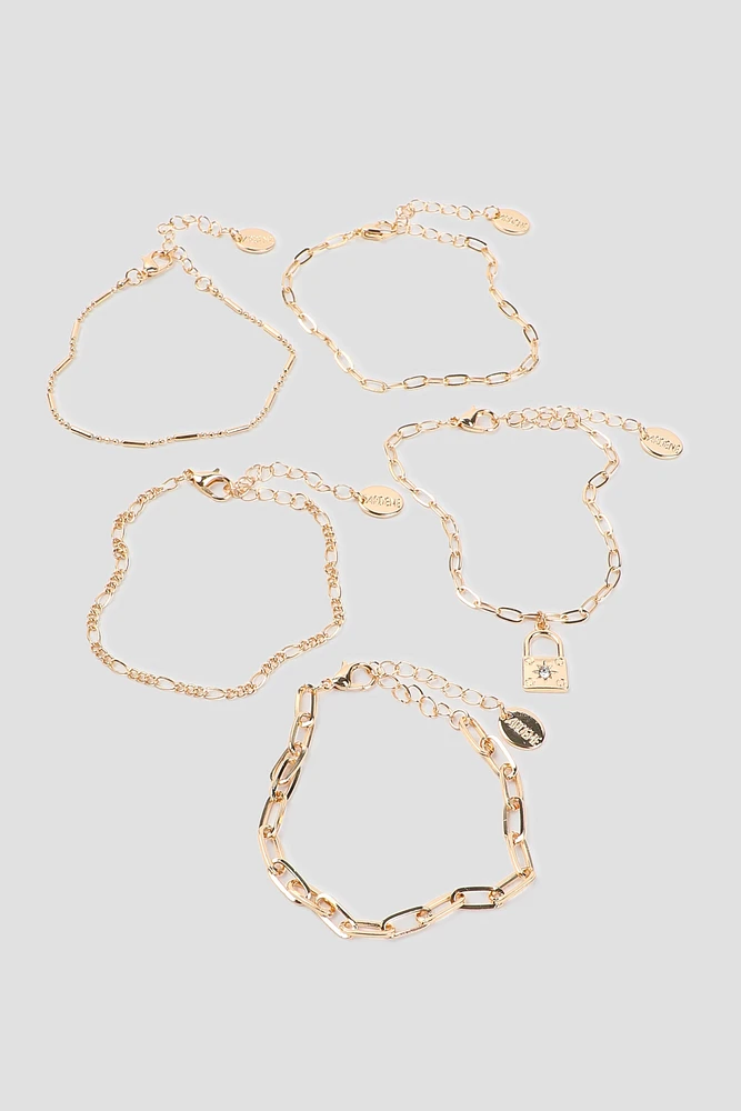 Ardene 5-Pack of Chain Bracelets with Padlock Charm in Gold