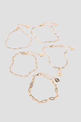 Ardene 5-Pack of Chain Bracelets with Padlock Charm in Gold