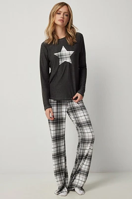 Ardene Long PJ Set in Dark Grey | Size | Polyester/Elastane | Eco-Conscious