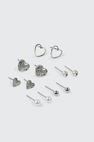 Ardene 6-Pack Heart & Pearl Stud Earrings in Silver | Stainless Steel