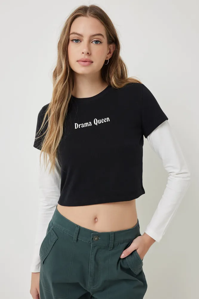 Ardene Double-Sleeve Crop T-Shirt in Black | Size | Cotton/Elastane