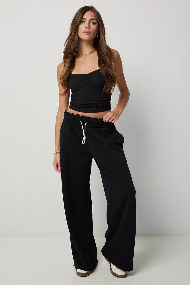 Ardene Wide Leg Sweatpants with Fold Over Waistband in Black | Size | Polyester/Cotton | Fleece-Lined