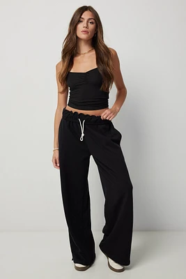 Ardene Wide Leg Sweatpants with Fold Over Waistband in Black | Size | Polyester/Cotton | Fleece-Lined