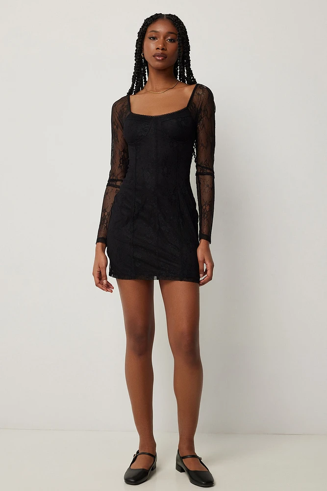 Ardene Long Sleeve Lace Mini Dress in | Size | Polyester/Elastane