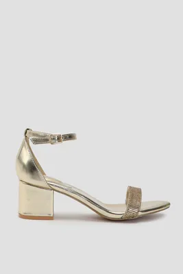 Ardene Embellished Block Heel Sandals in Gold | Size | Faux Leather