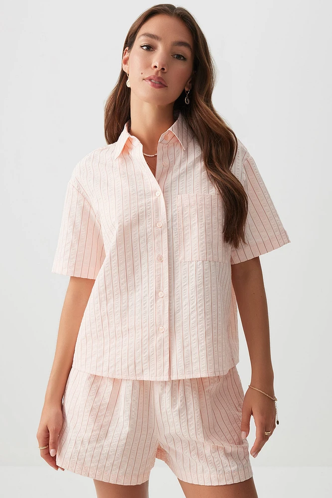 Ardene Striped Short Sleeve Shirt in Light Pink | Size | Polyester/Polyamide/Viscose