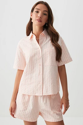Ardene Striped Short Sleeve Shirt in Light Pink | Size | Polyester/Polyamide/Viscose