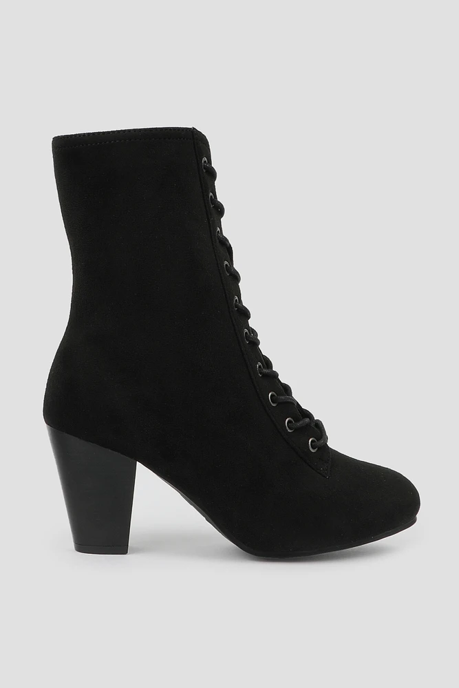 Ardene Lace-Up Cone Heel Boots in Black | Size | Faux Suede | Eco-Conscious