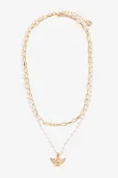 Ardene 2-Row Pearl & Chain Necklace with Angel Pendant in Gold
