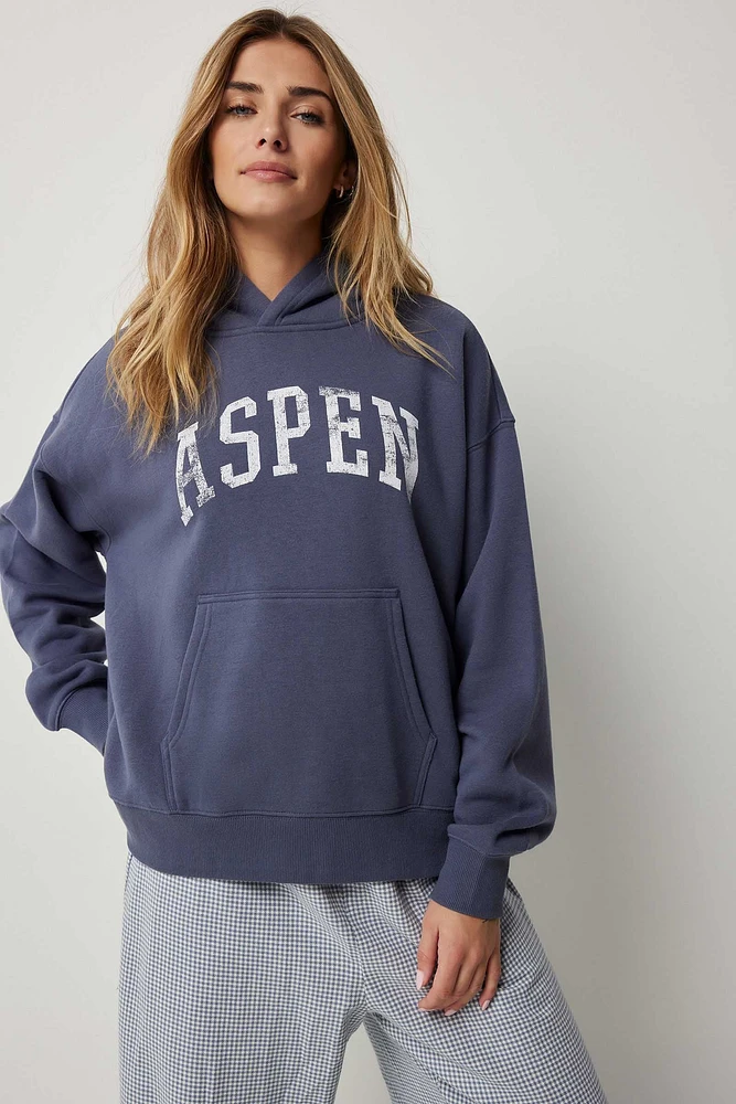 Ardene Oversized Destination Hoodie in Dark Blue | Size | Polyester/Cotton | Fleece-Lined