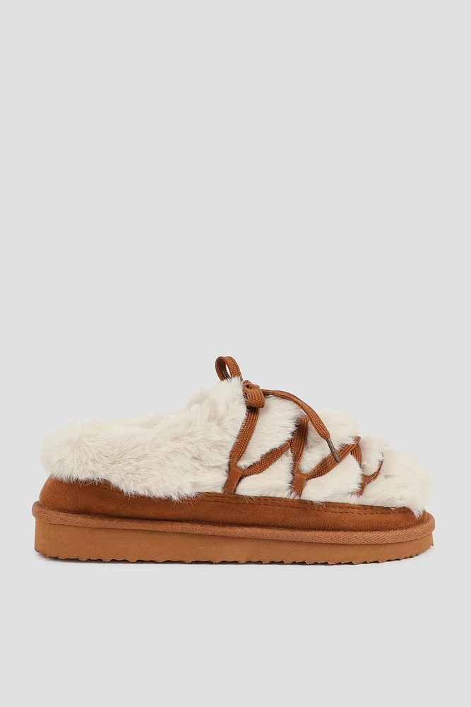 Ardene Lace Up Faux Fur Slippers in Cognac | Size | Polyester/Faux Suede | Eco-Conscious