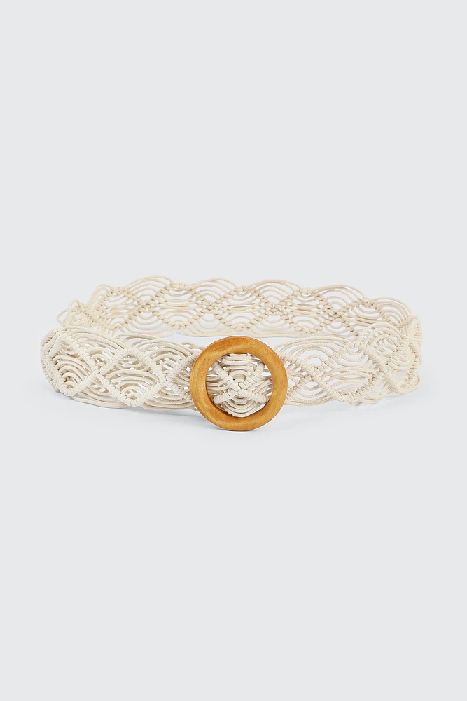 Ardene Braided Belt with Wooden Buckle in White | Size | Polyester