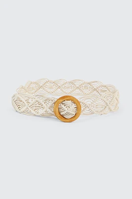 Ardene Braided Belt with Wooden Buckle in White | Size | Polyester