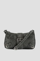 Ardene Distressed Crossbody Bag with Buckle in Dark Grey | Faux Leather/Polyester