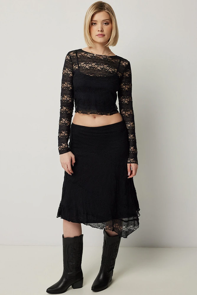 Ardene Asymmetric Hem Lace Skirt in | Size | Polyester/Nylon/Spandex